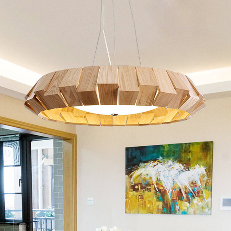 Curved-Edge Round LED Pendant Lighting Asia Style Natural Wood Lounge Hanging Light with Milk Glass Diffuser Wood Clearhalo 'Ceiling Lights' 'Modern Pendants' 'Modern' 'Pendant Lights' 'Pendants' Lighting' 1458456