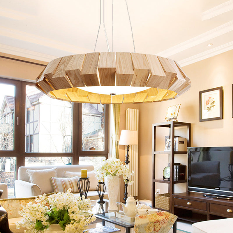 Curved-Edge Round LED Pendant Lighting Asia Style Natural Wood Lounge Hanging Light with Milk Glass Diffuser Clearhalo 'Ceiling Lights' 'Modern Pendants' 'Modern' 'Pendant Lights' 'Pendants' Lighting' 1458457