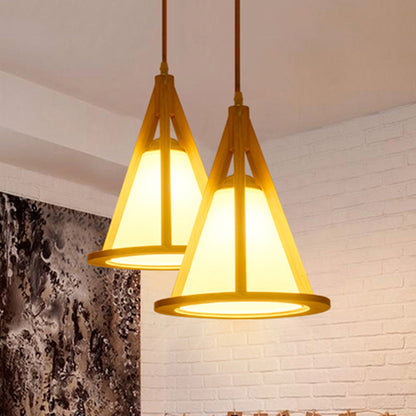 Horn Shaped Cage Wood Pendant Lamp Japanese Single Bulb Beige Ceiling Light with Shade Wood Clearhalo 'Ceiling Lights' 'Pendant Lights' 'Pendants' Lighting' 1458536_2aa9c99e-4831-4935-81ed-d6b2ee0fd4cd