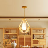 Wood Basket Suspension Pendant Light Farmhouse 1 Bulb Beige Ceiling Fixture with Fabric Lamp Shade Clearhalo 'Ceiling Lights' 'Pendant Lights' 'Pendants' Lighting' 1458574