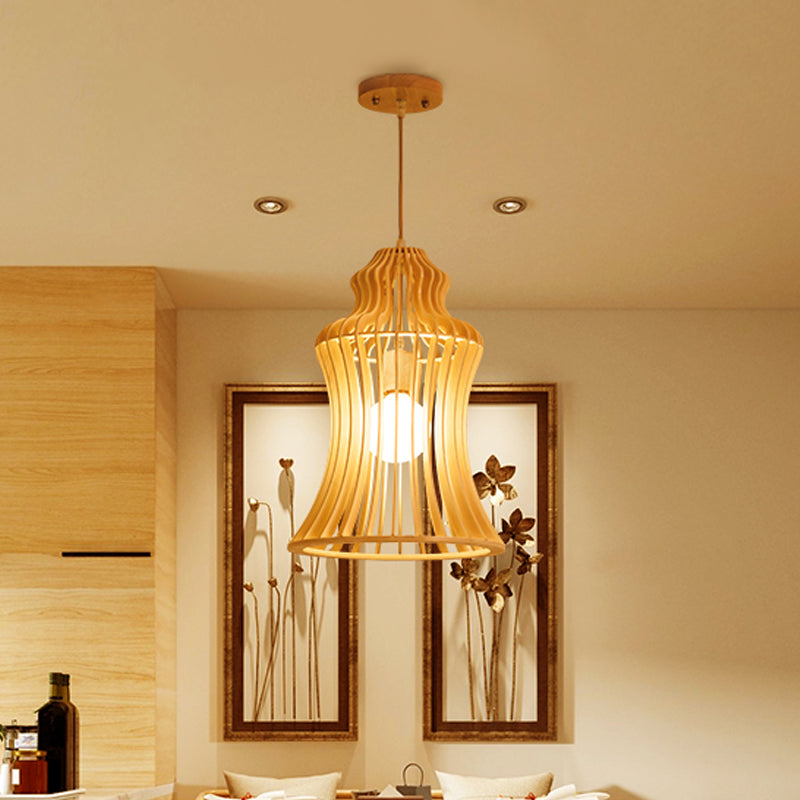 Curvaceous Cage Restaurant Hanging Light Wooden 1 Light Japanese Suspension Pendant with Inner Fabric Shade Clearhalo 'Ceiling Lights' 'Pendant Lights' 'Pendants' Lighting' 1458596