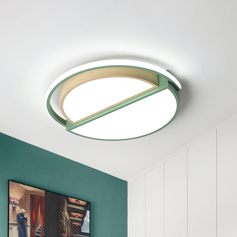 Macaron Sliced Round Iron Ceiling Fixture 16.5"/20.5" Wide LED Flush Mount Lighting in Green/Grey-Wood, Warm/White Light - Clearhalo - 'Ceiling Lights' - 'Close To Ceiling Lights' - 'Close to ceiling' - 'Flush mount' - Lighting' - 1458626