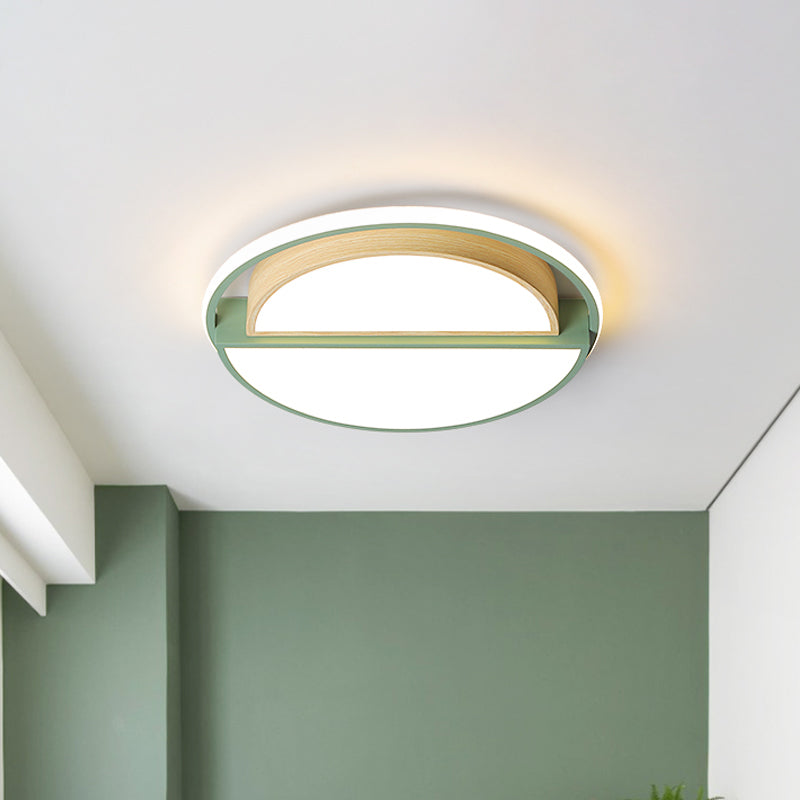 Macaron Sliced Round Iron Ceiling Fixture 16.5"/20.5" Wide LED Flush Mount Lighting in Green/Grey-Wood, Warm/White Light - Green - Clearhalo - 'Ceiling Lights' - 'Close To Ceiling Lights' - 'Close to ceiling' - 'Flush mount' - Lighting' - 1458627