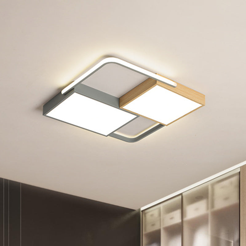 20.5"/34" Wide Nordic LED Ceiling Light Acrylic Grey and Wood Square/Rectangle Flush Mount with Grid Design, Warm/White Light Clearhalo 'Ceiling Lights' 'Close To Ceiling Lights' 'Close to ceiling' 'Flush mount' Lighting' 1458886