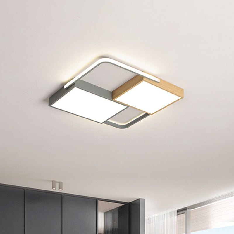 20.5"/34" Wide Nordic LED Ceiling Light Acrylic Grey and Wood Square/Rectangle Flush Mount with Grid Design, Warm/White Light Grey 20.5" Clearhalo 'Ceiling Lights' 'Close To Ceiling Lights' 'Close to ceiling' 'Flush mount' Lighting' 1458887