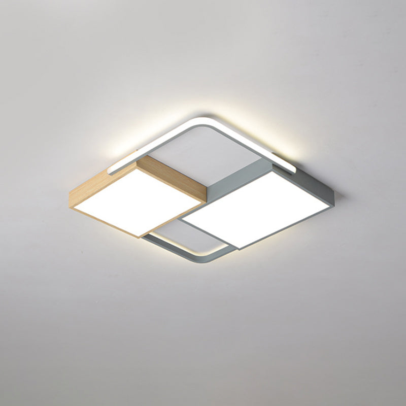 20.5"/34" Wide Nordic LED Ceiling Light Acrylic Grey and Wood Square/Rectangle Flush Mount with Grid Design, Warm/White Light Clearhalo 'Ceiling Lights' 'Close To Ceiling Lights' 'Close to ceiling' 'Flush mount' Lighting' 1458889