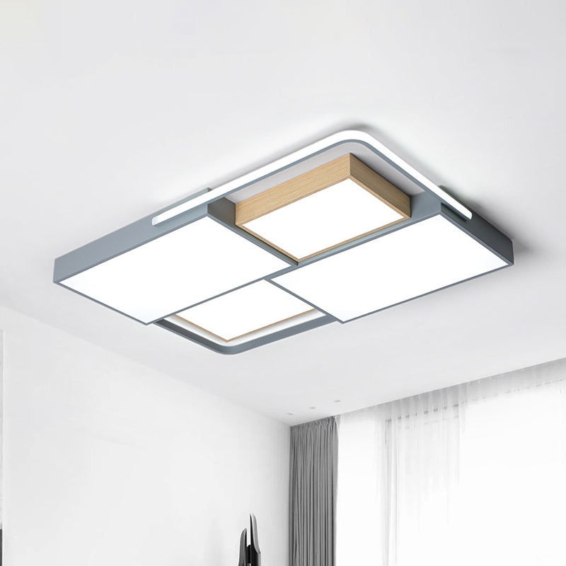 20.5"/34" Wide Nordic LED Ceiling Light Acrylic Grey and Wood Square/Rectangle Flush Mount with Grid Design, Warm/White Light Clearhalo 'Ceiling Lights' 'Close To Ceiling Lights' 'Close to ceiling' 'Flush mount' Lighting' 1458891