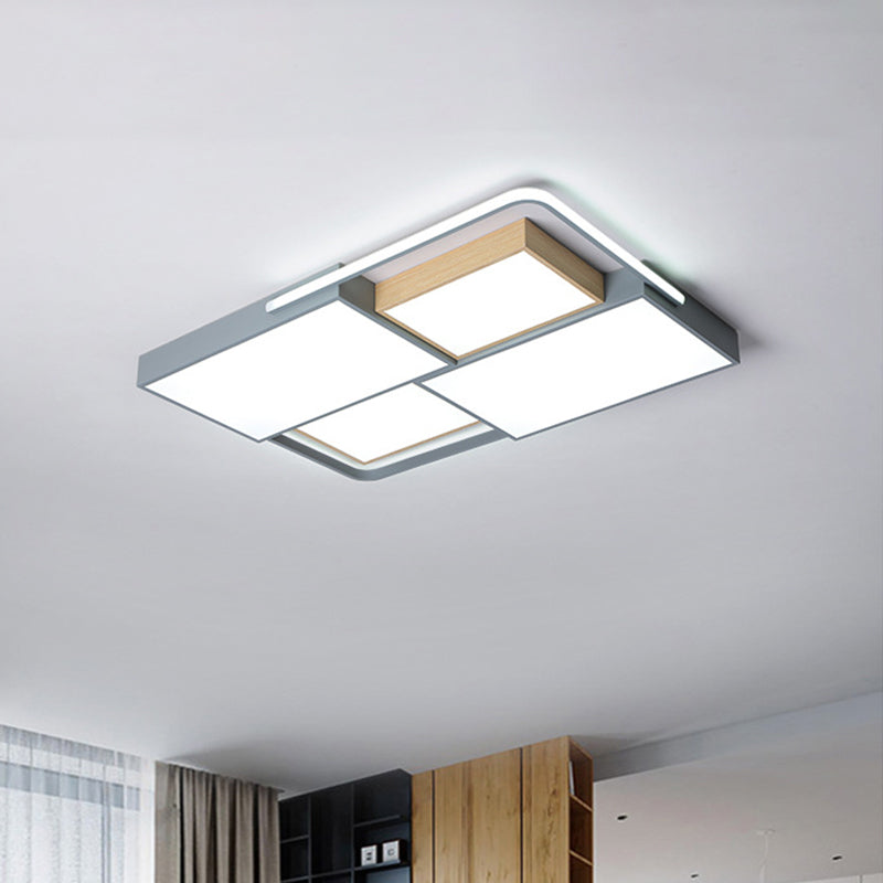20.5"/34" Wide Nordic LED Ceiling Light Acrylic Grey and Wood Square/Rectangle Flush Mount with Grid Design, Warm/White Light Grey 34" Clearhalo 'Ceiling Lights' 'Close To Ceiling Lights' 'Close to ceiling' 'Flush mount' Lighting' 1458892
