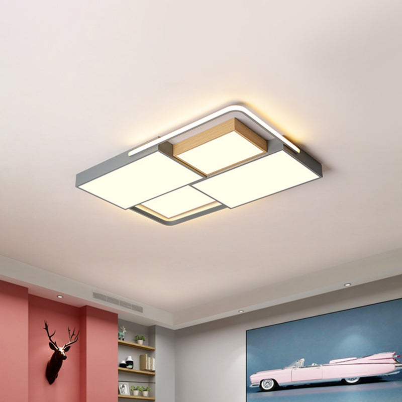 20.5"/34" Wide Nordic LED Ceiling Light Acrylic Grey and Wood Square/Rectangle Flush Mount with Grid Design, Warm/White Light Clearhalo 'Ceiling Lights' 'Close To Ceiling Lights' 'Close to ceiling' 'Flush mount' Lighting' 1458893