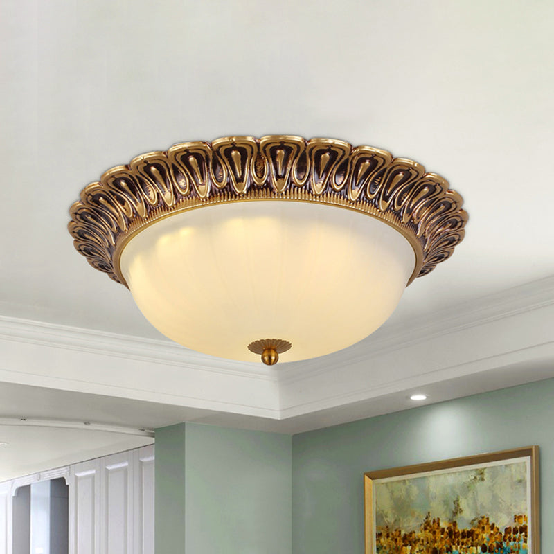 Minimalist Bowl Shaped Flushmount 2/3 Lights White Cloud Glass Ceiling Lighting Fixture with Brass Scalloped Trim - Clearhalo - 'Ceiling Lights' - 'Close To Ceiling Lights' - 'Close to ceiling' - 'Flush mount' - Lighting' - 1458924