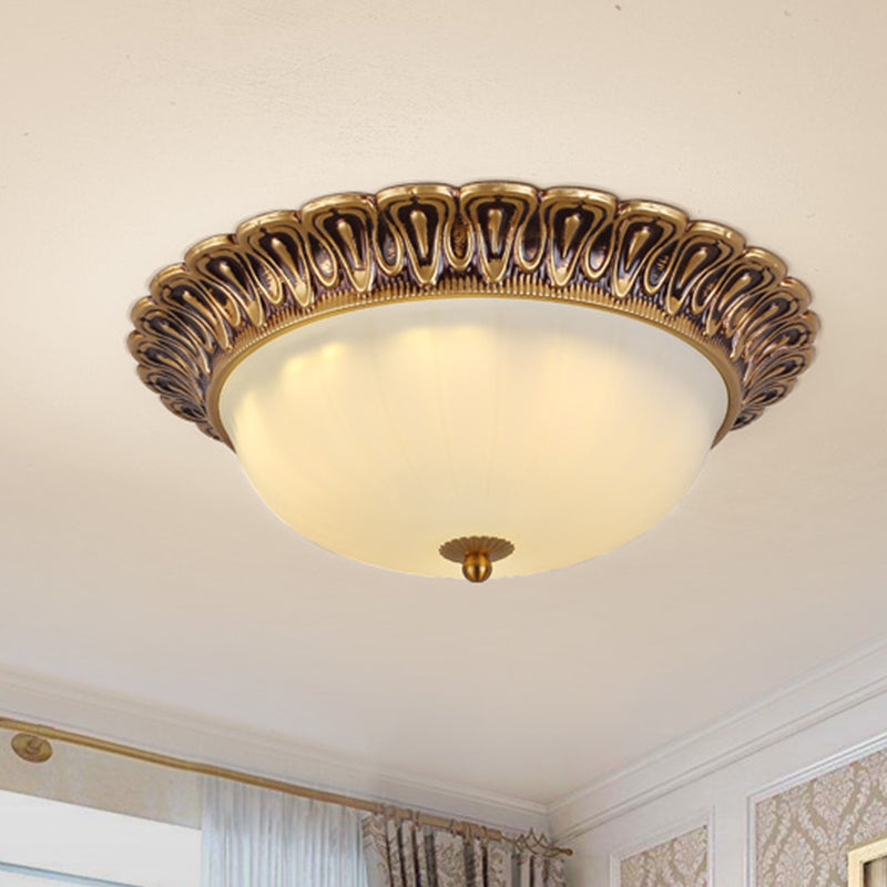 Minimalist Bowl Shaped Flushmount 2/3 Lights White Cloud Glass Ceiling Lighting Fixture with Brass Scalloped Trim - 3 - Brass - Clearhalo - 'Ceiling Lights' - 'Close To Ceiling Lights' - 'Close to ceiling' - 'Flush mount' - Lighting' - 1458927