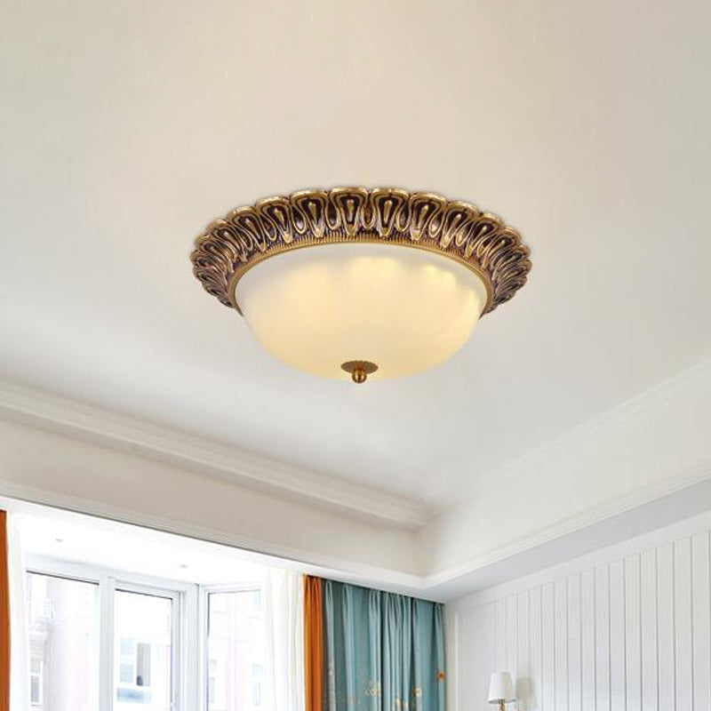 Minimalist Bowl Shaped Flushmount 2/3 Lights White Cloud Glass Ceiling Lighting Fixture with Brass Scalloped Trim - Clearhalo - 'Ceiling Lights' - 'Close To Ceiling Lights' - 'Close to ceiling' - 'Flush mount' - Lighting' - 1458928