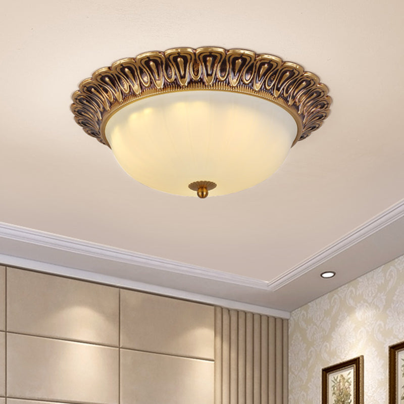 Minimalist Bowl Shaped Flushmount 2/3 Lights White Cloud Glass Ceiling Lighting Fixture with Brass Scalloped Trim - Clearhalo - 'Ceiling Lights' - 'Close To Ceiling Lights' - 'Close to ceiling' - 'Flush mount' - Lighting' - 1458929