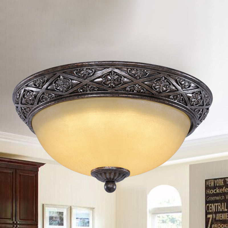 2 Bulbs Close to Ceiling Light Traditional Carved Floral Patterned Dome Frosted Glass Flush Mount in Black Black Clearhalo 'Ceiling Lights' 'Close To Ceiling Lights' 'Close to ceiling' 'Flush mount' Lighting' 1458932