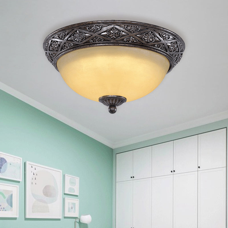 2 Bulbs Close to Ceiling Light Traditional Carved Floral Patterned Dome Frosted Glass Flush Mount in Black Clearhalo 'Ceiling Lights' 'Close To Ceiling Lights' 'Close to ceiling' 'Flush mount' Lighting' 1458933