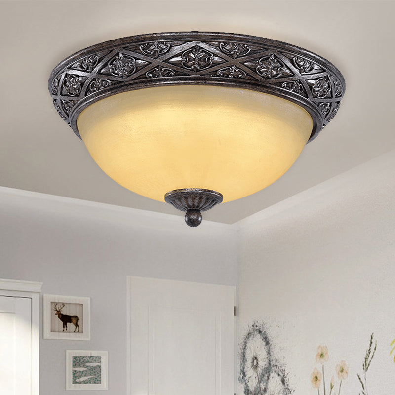 2 Bulbs Close to Ceiling Light Traditional Carved Floral Patterned Dome Frosted Glass Flush Mount in Black Clearhalo 'Ceiling Lights' 'Close To Ceiling Lights' 'Close to ceiling' 'Flush mount' Lighting' 1458934