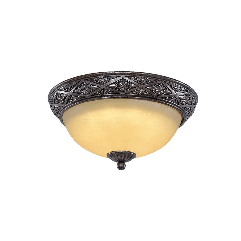 2 Bulbs Close to Ceiling Light Traditional Carved Floral Patterned Dome Frosted Glass Flush Mount in Black Clearhalo 'Ceiling Lights' 'Close To Ceiling Lights' 'Close to ceiling' 'Flush mount' Lighting' 1458935
