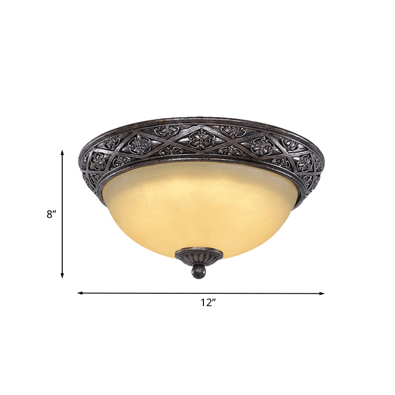 2 Bulbs Close to Ceiling Light Traditional Carved Floral Patterned Dome Frosted Glass Flush Mount in Black Clearhalo 'Ceiling Lights' 'Close To Ceiling Lights' 'Close to ceiling' 'Flush mount' Lighting' 1458936