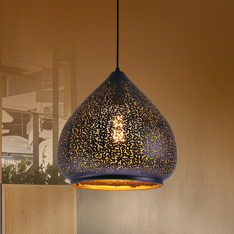 Teardrop Hollowed Out Iron Hanging Lamp Retro 1 Bulb Dining Table Pendant Light Fixture in Black, 8"/12" Width Black Clearhalo 'Ceiling Lights' 'Pendant Lights' 'Pendants' Lighting' 1458981_c54beefb-e97a-4afc-902b-8ad97847ffd9