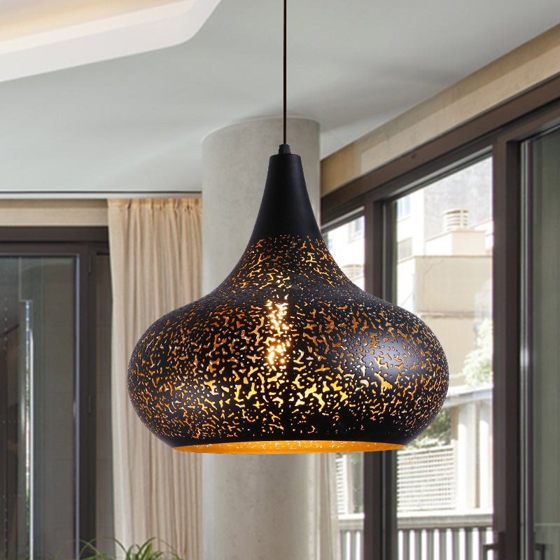 1 Bulb Etched Gourd Pendant Lamp Vintage Black Iron Hanging Light Kit for Restaurant Black Clearhalo 'Ceiling Lights' 'Pendant Lights' 'Pendants' Lighting' 1458987_23d05329-0c6a-4f6b-a9fc-805902f544c3