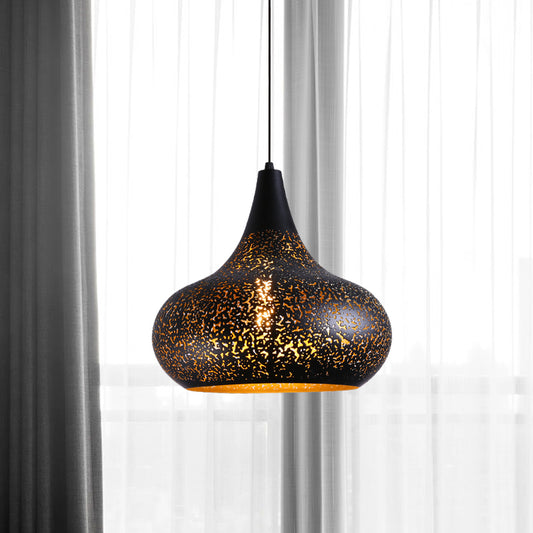 1 Bulb Etched Gourd Pendant Lamp Vintage Black Iron Hanging Light Kit for Restaurant Clearhalo 'Ceiling Lights' 'Pendant Lights' 'Pendants' Lighting' 1458989