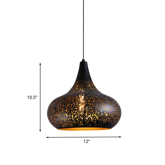 1 Bulb Etched Gourd Pendant Lamp Vintage Black Iron Hanging Light Kit for Restaurant Clearhalo 'Ceiling Lights' 'Pendant Lights' 'Pendants' Lighting' 1458991