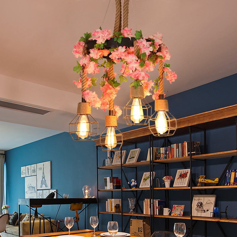 4/8 Lights Orb Cage Pendant Chandelier Retro Black Hemp Rope Ceiling Hang Fixture with Flower Decoration Clearhalo 'Ceiling Lights' 'Chandeliers' 'Industrial Chandeliers' 'Industrial' 'Middle Century Chandeliers' 'Tiffany' Lighting' 1459021
