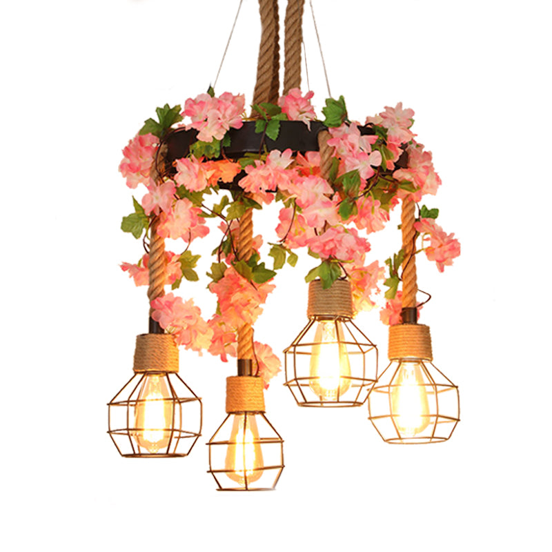 4/8 Lights Orb Cage Pendant Chandelier Retro Black Hemp Rope Ceiling Hang Fixture with Flower Decoration Clearhalo 'Ceiling Lights' 'Chandeliers' 'Industrial Chandeliers' 'Industrial' 'Middle Century Chandeliers' 'Tiffany' Lighting' 1459022