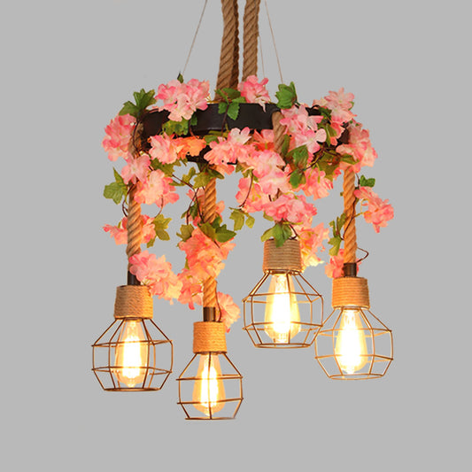 4/8 Lights Orb Cage Pendant Chandelier Retro Black Hemp Rope Ceiling Hang Fixture with Flower Decoration Clearhalo 'Ceiling Lights' 'Chandeliers' 'Industrial Chandeliers' 'Industrial' 'Middle Century Chandeliers' 'Tiffany' Lighting' 1459023