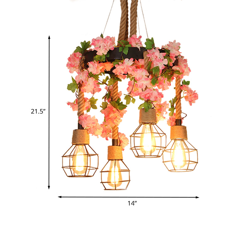 4/8 Lights Orb Cage Pendant Chandelier Retro Black Hemp Rope Ceiling Hang Fixture with Flower Decoration Clearhalo 'Ceiling Lights' 'Chandeliers' 'Industrial Chandeliers' 'Industrial' 'Middle Century Chandeliers' 'Tiffany' Lighting' 1459024