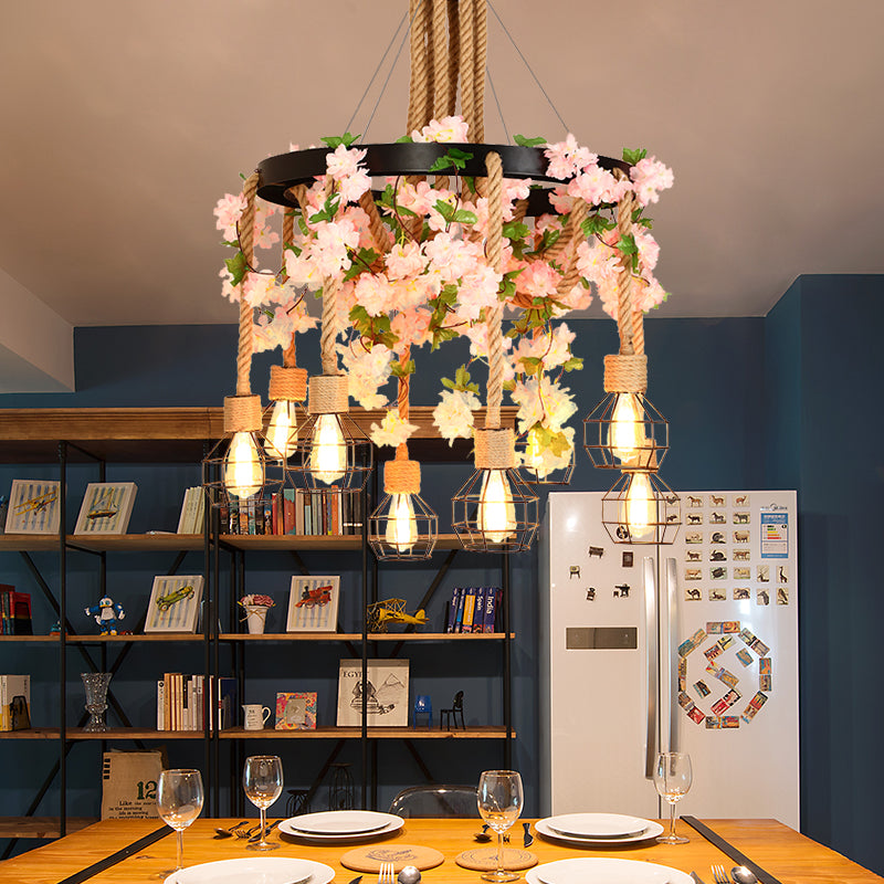 4/8 Lights Orb Cage Pendant Chandelier Retro Black Hemp Rope Ceiling Hang Fixture with Flower Decoration Clearhalo 'Ceiling Lights' 'Chandeliers' 'Industrial Chandeliers' 'Industrial' 'Middle Century Chandeliers' 'Tiffany' Lighting' 1459026