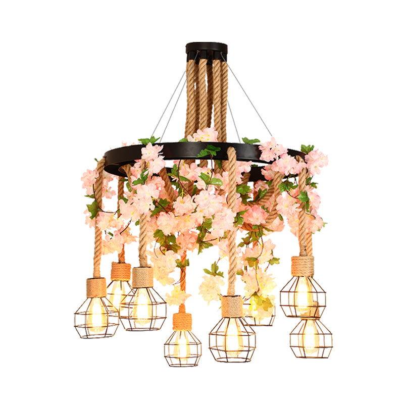 4/8 Lights Orb Cage Pendant Chandelier Retro Black Hemp Rope Ceiling Hang Fixture with Flower Decoration Clearhalo 'Ceiling Lights' 'Chandeliers' 'Industrial Chandeliers' 'Industrial' 'Middle Century Chandeliers' 'Tiffany' Lighting' 1459027