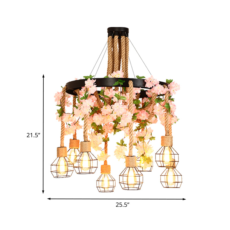 4/8 Lights Orb Cage Pendant Chandelier Retro Black Hemp Rope Ceiling Hang Fixture with Flower Decoration Clearhalo 'Ceiling Lights' 'Chandeliers' 'Industrial Chandeliers' 'Industrial' 'Middle Century Chandeliers' 'Tiffany' Lighting' 1459028