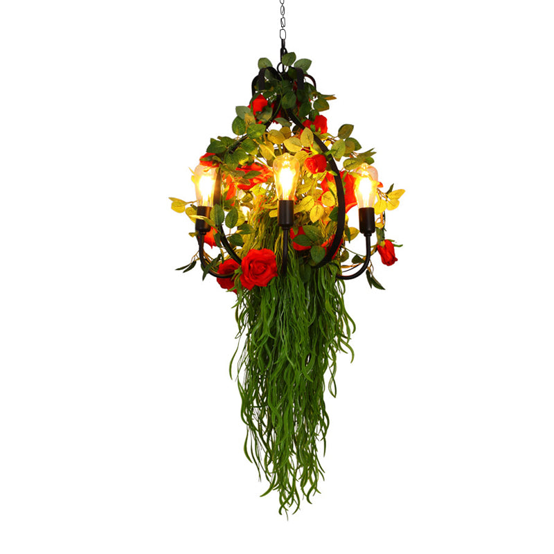 Farmhouse Peach Cage Hanging Chandelier 6 Bulbs Iron Flower Ceiling Pendant Light in Black Clearhalo 'Cast Iron' 'Ceiling Lights' 'Chandeliers' 'Industrial Chandeliers' 'Industrial' 'Metal' 'Middle Century Chandeliers' 'Rustic Chandeliers' 'Tiffany' Lighting' 1459031