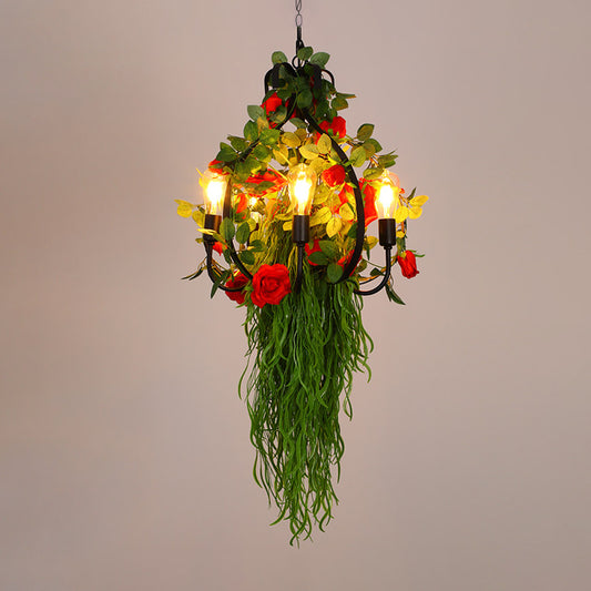 Farmhouse Peach Cage Hanging Chandelier 6 Bulbs Iron Flower Ceiling Pendant Light in Black Clearhalo 'Cast Iron' 'Ceiling Lights' 'Chandeliers' 'Industrial Chandeliers' 'Industrial' 'Metal' 'Middle Century Chandeliers' 'Rustic Chandeliers' 'Tiffany' Lighting' 1459032