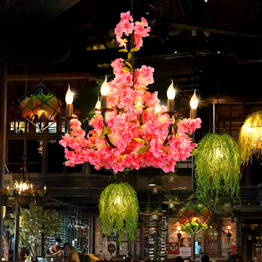 Farm Candelabra Chandelier Pendant Light 6 Heads Iron Hanging Lamp in Black with Flower Decor Clearhalo 'Cast Iron' 'Ceiling Lights' 'Chandeliers' 'Industrial Chandeliers' 'Industrial' 'Metal' 'Middle Century Chandeliers' 'Rustic Chandeliers' 'Tiffany' Lighting' 1459040