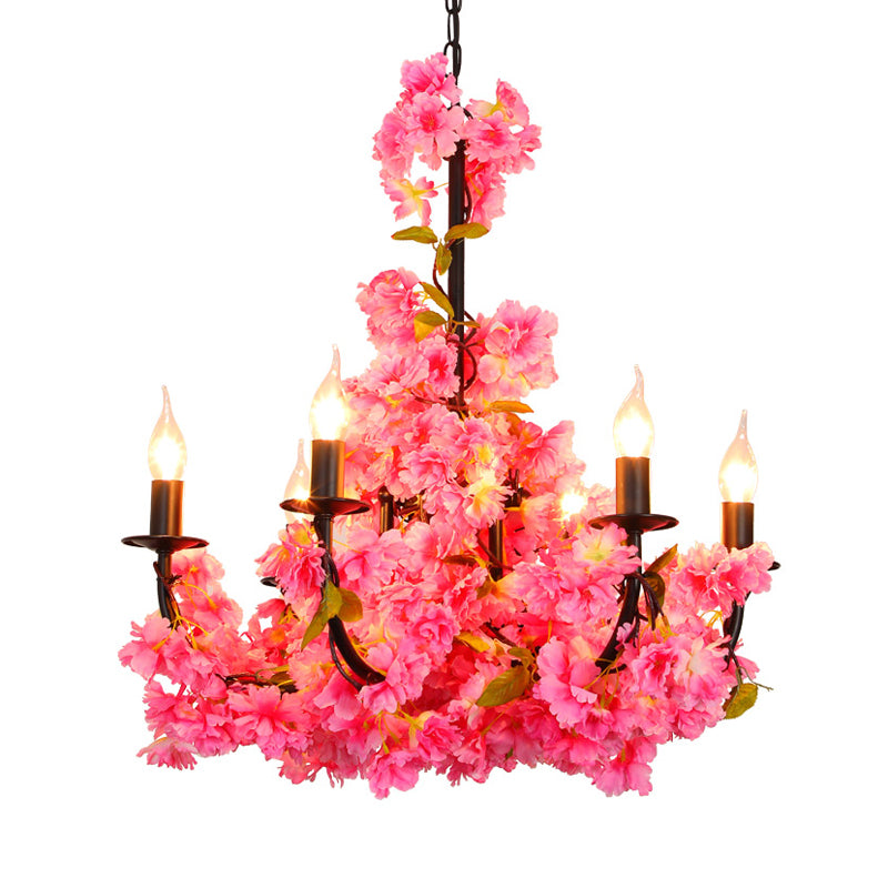 Farm Candelabra Chandelier Pendant Light 6 Heads Iron Hanging Lamp in Black with Flower Decor Clearhalo 'Cast Iron' 'Ceiling Lights' 'Chandeliers' 'Industrial Chandeliers' 'Industrial' 'Metal' 'Middle Century Chandeliers' 'Rustic Chandeliers' 'Tiffany' Lighting' 1459041