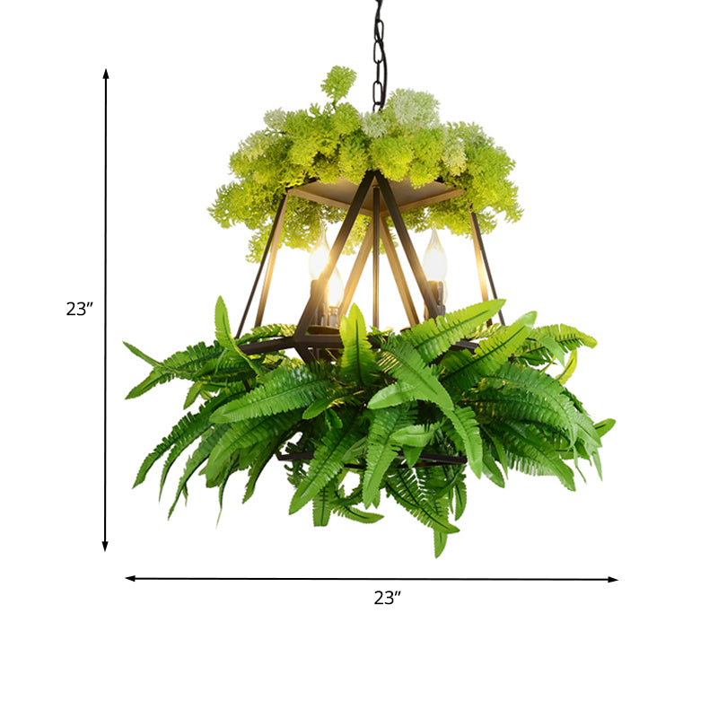 Candle Metal Hanging Chandelier Retro 4 Bulbs Restaurant Plant Suspension Lighting in Black with Diamond Cage, 19"/23" W Clearhalo 'Cast Iron' 'Ceiling Lights' 'Chandeliers' 'Industrial Chandeliers' 'Industrial' 'Metal' 'Middle Century Chandeliers' 'Rustic Chandeliers' 'Tiffany' Lighting' 1459059