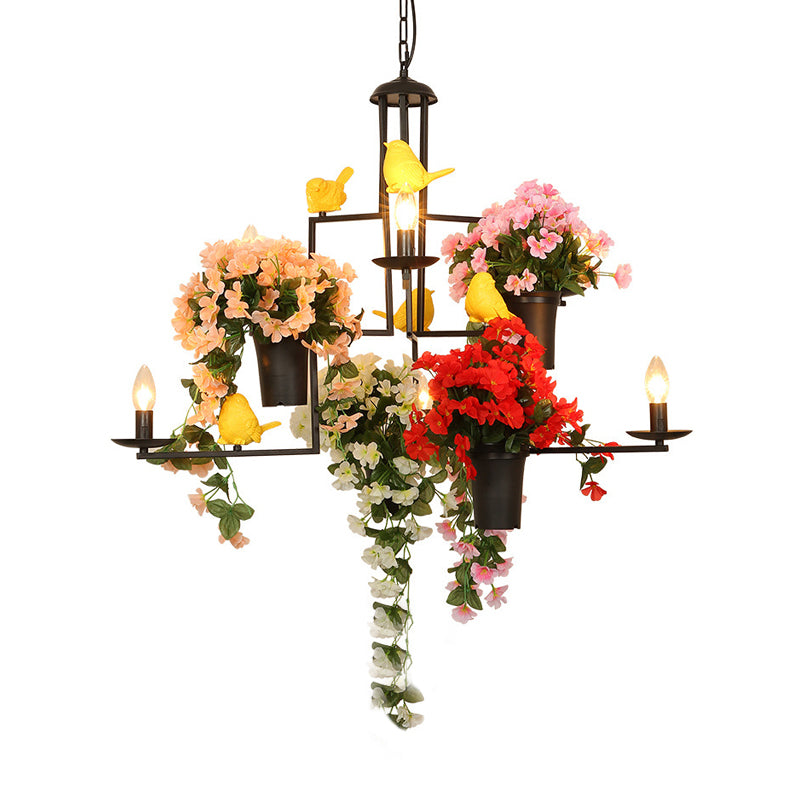 Iron Candle Chandelier Lighting Industrial 7 Bulbs Restaurant Pendant in Black with Potted Plant and Bird Design Clearhalo 'Cast Iron' 'Ceiling Lights' 'Chandeliers' 'Industrial Chandeliers' 'Industrial' 'Metal' 'Middle Century Chandeliers' 'Rustic Chandeliers' 'Tiffany' Lighting' 1459063