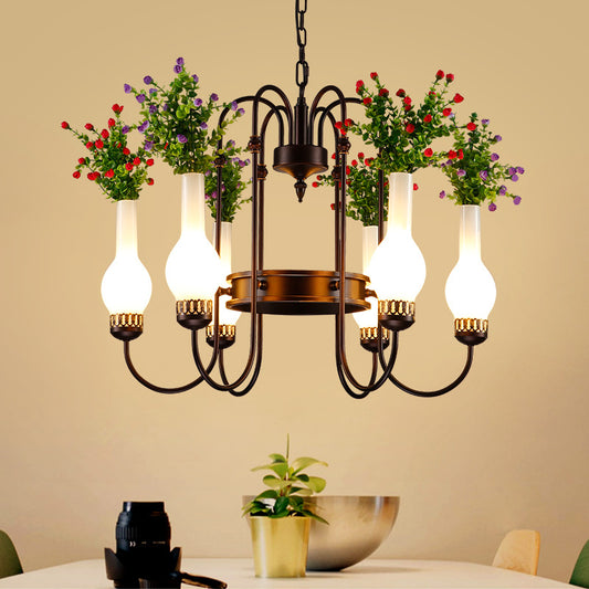 Loft Vase Chandelier Light Fixture 6 Heads Opal Glass Pendant Lamp in Black with Artificial Plant Black Clearhalo 'Cast Iron' 'Ceiling Lights' 'Chandeliers' 'Industrial Chandeliers' 'Industrial' 'Metal' 'Middle Century Chandeliers' 'Rustic Chandeliers' 'Tiffany' Lighting' 1459065