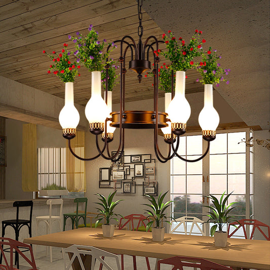 Loft Vase Chandelier Light Fixture 6 Heads Opal Glass Pendant Lamp in Black with Artificial Plant Clearhalo 'Cast Iron' 'Ceiling Lights' 'Chandeliers' 'Industrial Chandeliers' 'Industrial' 'Metal' 'Middle Century Chandeliers' 'Rustic Chandeliers' 'Tiffany' Lighting' 1459066