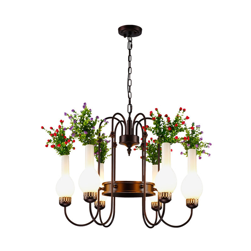 Loft Vase Chandelier Light Fixture 6 Heads Opal Glass Pendant Lamp in Black with Artificial Plant Clearhalo 'Cast Iron' 'Ceiling Lights' 'Chandeliers' 'Industrial Chandeliers' 'Industrial' 'Metal' 'Middle Century Chandeliers' 'Rustic Chandeliers' 'Tiffany' Lighting' 1459067