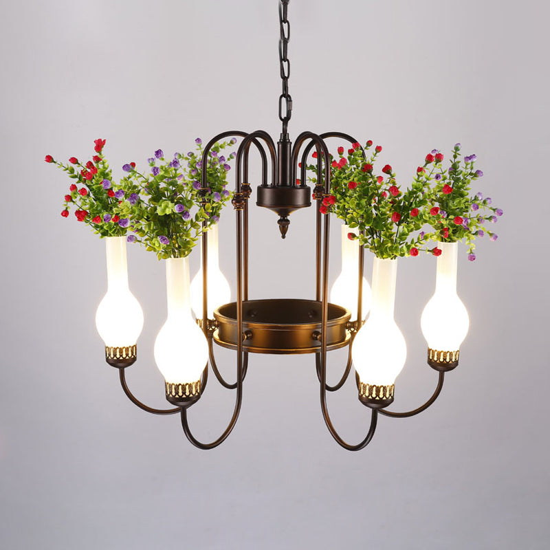 Loft Vase Chandelier Light Fixture 6 Heads Opal Glass Pendant Lamp in Black with Artificial Plant Clearhalo 'Cast Iron' 'Ceiling Lights' 'Chandeliers' 'Industrial Chandeliers' 'Industrial' 'Metal' 'Middle Century Chandeliers' 'Rustic Chandeliers' 'Tiffany' Lighting' 1459068