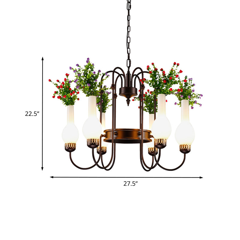 Loft Vase Chandelier Light Fixture 6 Heads Opal Glass Pendant Lamp in Black with Artificial Plant Clearhalo 'Cast Iron' 'Ceiling Lights' 'Chandeliers' 'Industrial Chandeliers' 'Industrial' 'Metal' 'Middle Century Chandeliers' 'Rustic Chandeliers' 'Tiffany' Lighting' 1459069