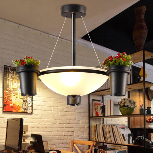 Dome White Glass Pendant Chandelier Industrial 3 Lights Living Room Ceiling Light in Black with Potted Plant Clearhalo 'Cast Iron' 'Ceiling Lights' 'Chandeliers' 'Industrial Chandeliers' 'Industrial' 'Metal' 'Middle Century Chandeliers' 'Rustic Chandeliers' 'Tiffany' Lighting' 1459071