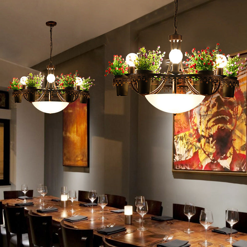 Bowl Restaurant Chandelier Pendant Light Opal Glass 9-Bulb Black Ceiling Lamp with Potted Plant Clearhalo 'Cast Iron' 'Ceiling Lights' 'Chandeliers' 'Industrial Chandeliers' 'Industrial' 'Metal' 'Middle Century Chandeliers' 'Rustic Chandeliers' 'Tiffany' Lighting' 1459076
