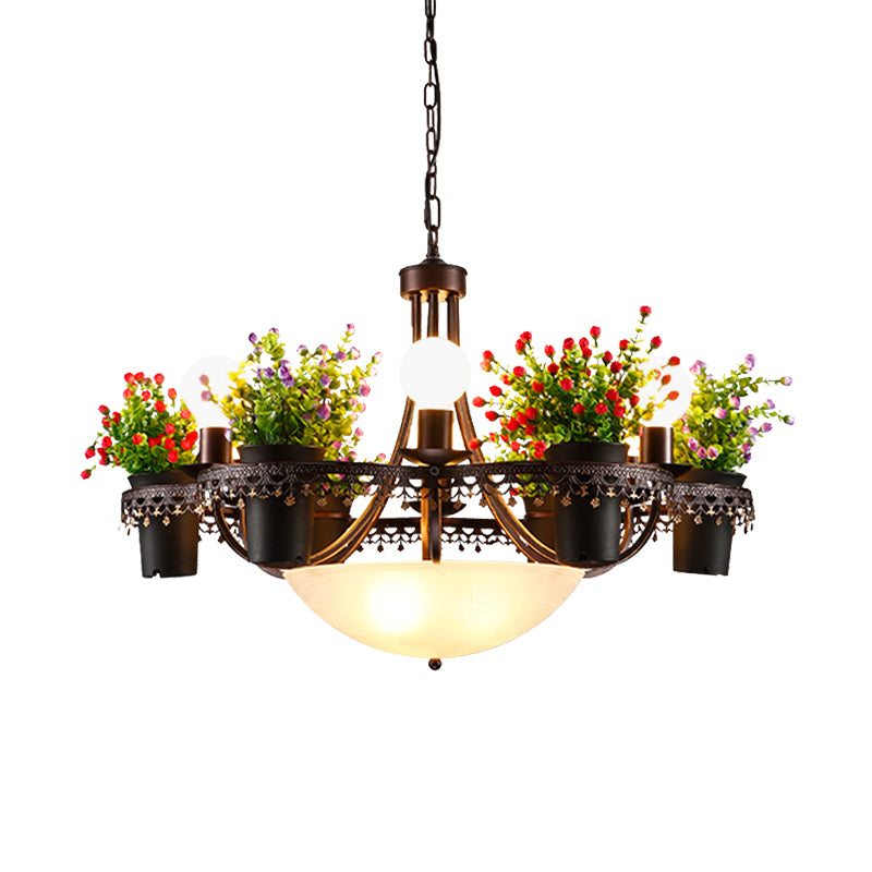 Bowl Restaurant Chandelier Pendant Light Opal Glass 9-Bulb Black Ceiling Lamp with Potted Plant Clearhalo 'Cast Iron' 'Ceiling Lights' 'Chandeliers' 'Industrial Chandeliers' 'Industrial' 'Metal' 'Middle Century Chandeliers' 'Rustic Chandeliers' 'Tiffany' Lighting' 1459077
