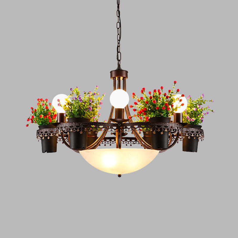 Bowl Restaurant Chandelier Pendant Light Opal Glass 9-Bulb Black Ceiling Lamp with Potted Plant Clearhalo 'Cast Iron' 'Ceiling Lights' 'Chandeliers' 'Industrial Chandeliers' 'Industrial' 'Metal' 'Middle Century Chandeliers' 'Rustic Chandeliers' 'Tiffany' Lighting' 1459078