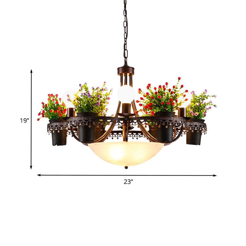 Bowl Restaurant Chandelier Pendant Light Opal Glass 9-Bulb Black Ceiling Lamp with Potted Plant Clearhalo 'Cast Iron' 'Ceiling Lights' 'Chandeliers' 'Industrial Chandeliers' 'Industrial' 'Metal' 'Middle Century Chandeliers' 'Rustic Chandeliers' 'Tiffany' Lighting' 1459079