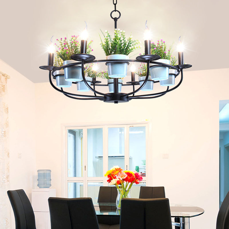 Candelabra Living Room Chandelier Industrial Iron 6/8 Heads Black Pendant Light with Potted Plant Decor 8 Black Clearhalo 'Cast Iron' 'Ceiling Lights' 'Chandeliers' 'Industrial Chandeliers' 'Industrial' 'Metal' 'Middle Century Chandeliers' 'Rustic Chandeliers' 'Tiffany' Lighting' 1459080